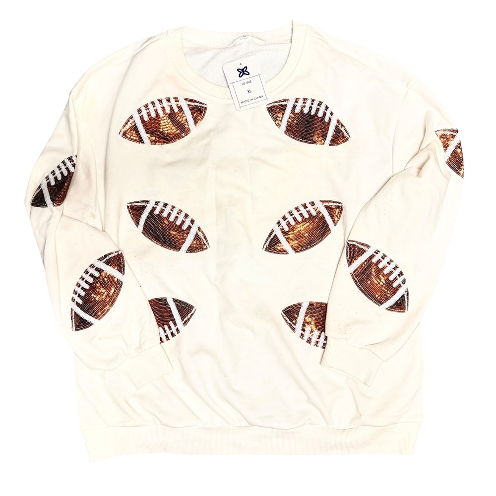 Football Sequin Sweatshirt Womens XL Oversized Gameday Crewneck White - Picture 5 of 7